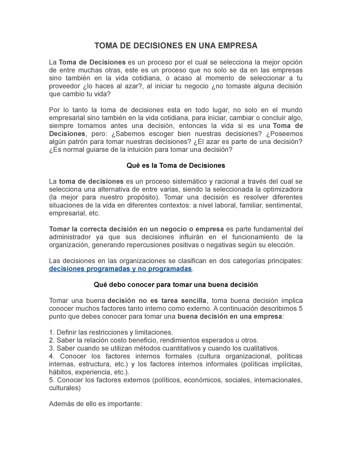 Proceso De Toma De Decisiones De Una Empresa - TOMA DE DECISIONES EN ...