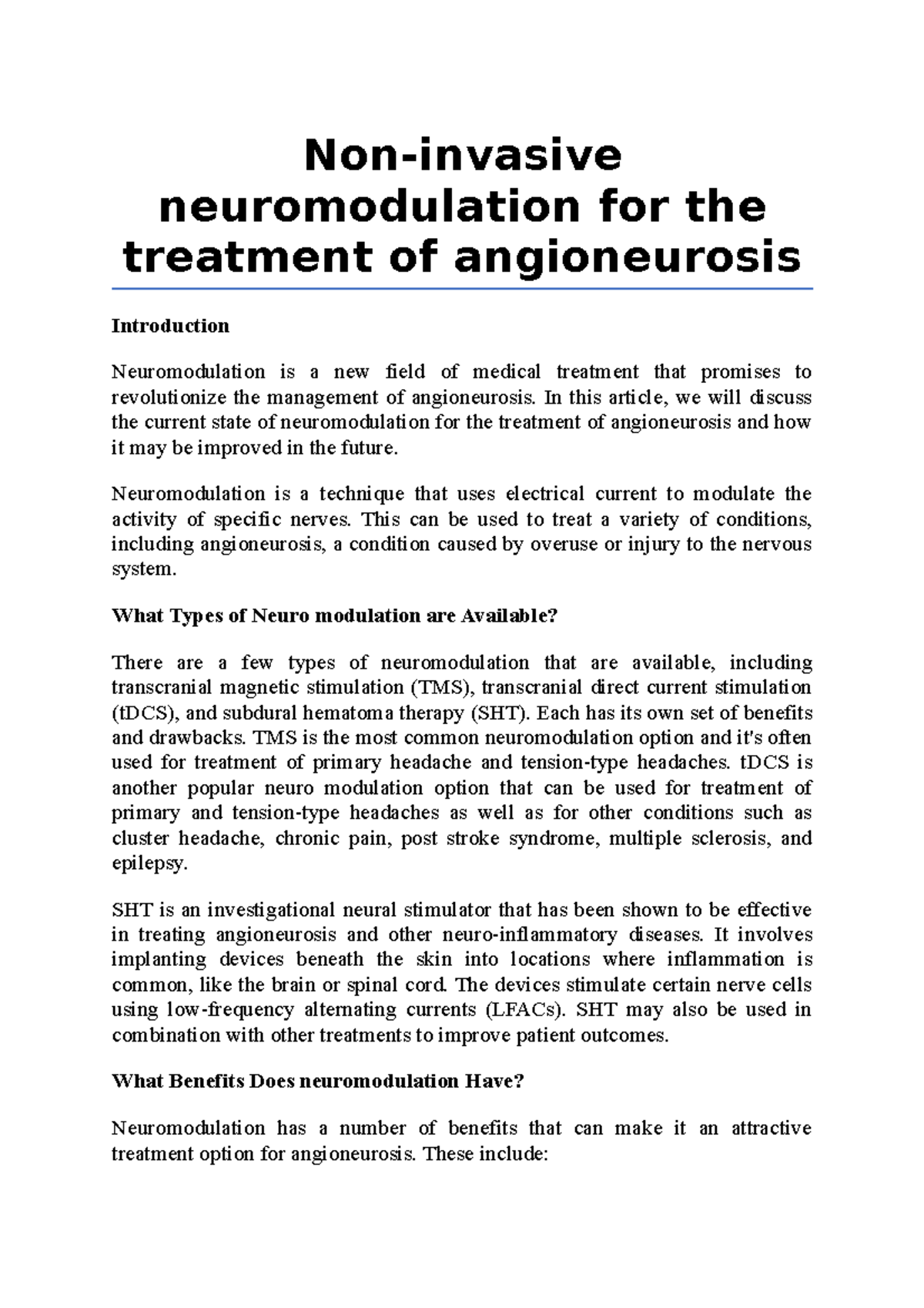 Non-invasive neuromodulation for the treatment of angioneurosis - Non ...