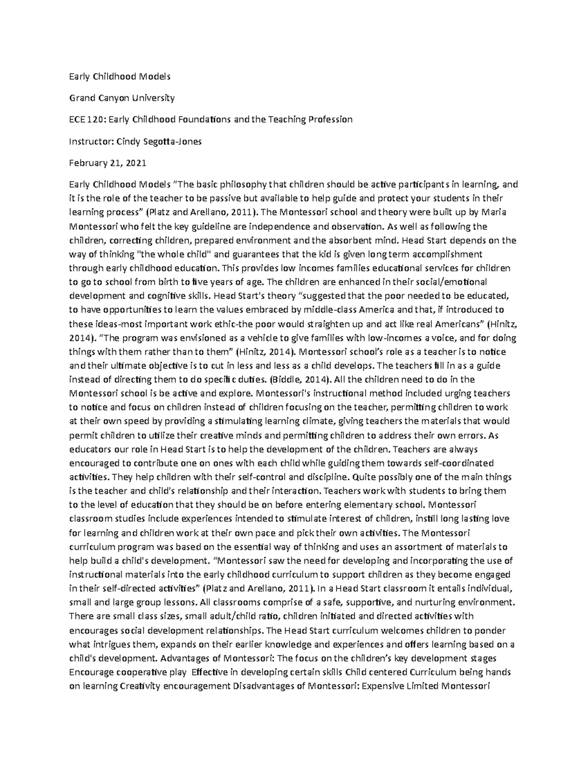 ECE 120 Essay - Early Childhood Models Grand Canyon University ECE 120 ...