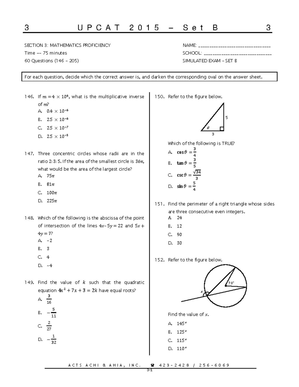 Upcat-2015 Simulated-EXAM SET-B Section-3 Mathematics- Proficiency-v.8 ...