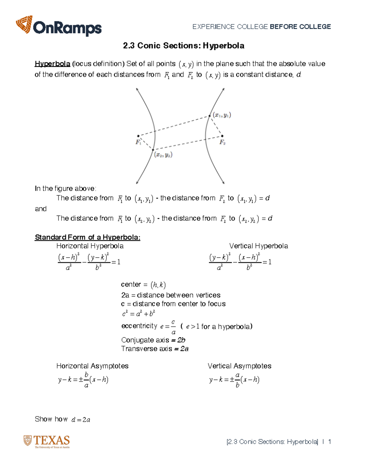 HW 2.3 Hyperbola and Notes 2 Conic Sections Hyperbola Hyperbola