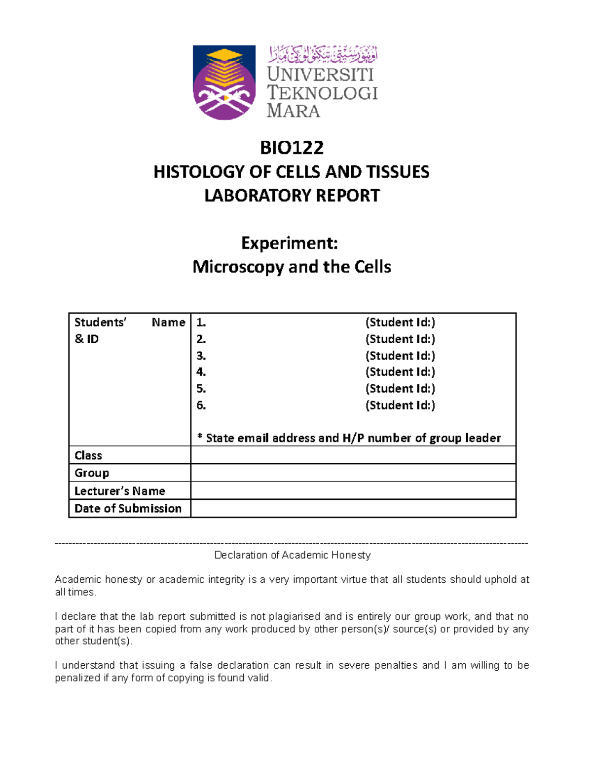 4. BIO122 Lab Report Template With Cover - BIO HISTOLOGY OF CELLS AND ...