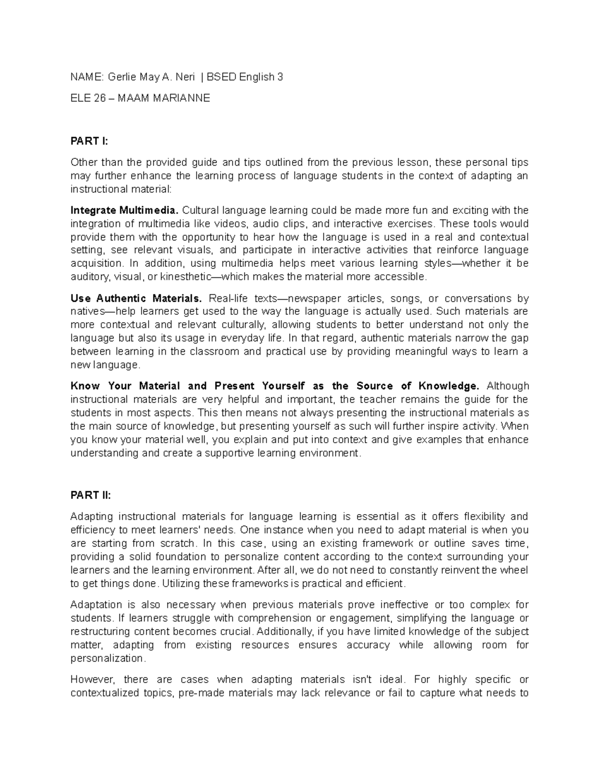 Ele 26 hand written - An essay for our weekly reflection essay. - NAME ...