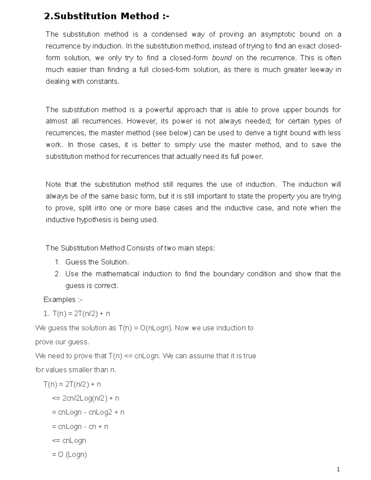design and analysis algorithm - 1 2 Method :- The substitution method ...