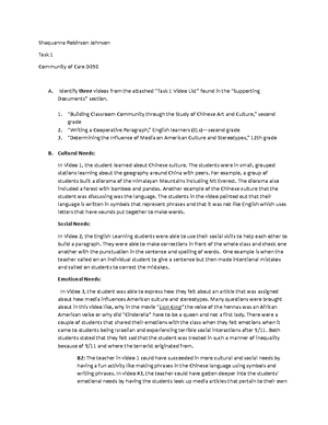 D090 Task 1 - D090 Task 1 - THE SCHOOL AS A COMMUNITY OF CARE- D TASK 1 ...