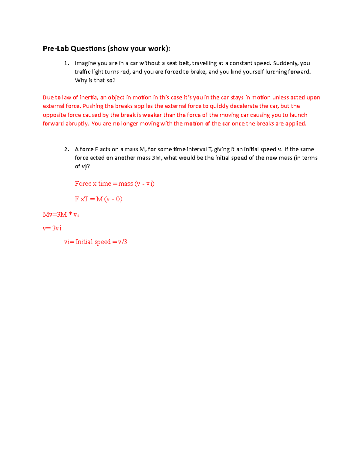 Physics 110 Online PRE Lab 4 Newtons Laws - Pre-Lab Questions (show ...