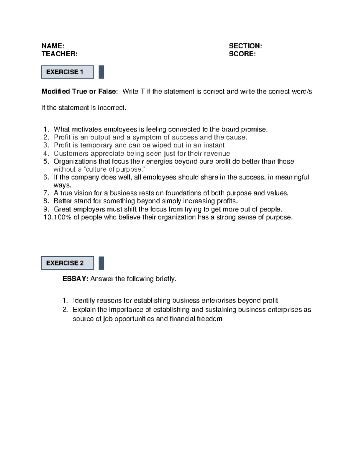 Lesson 11 Exercises - This is for the students to test what they have ...