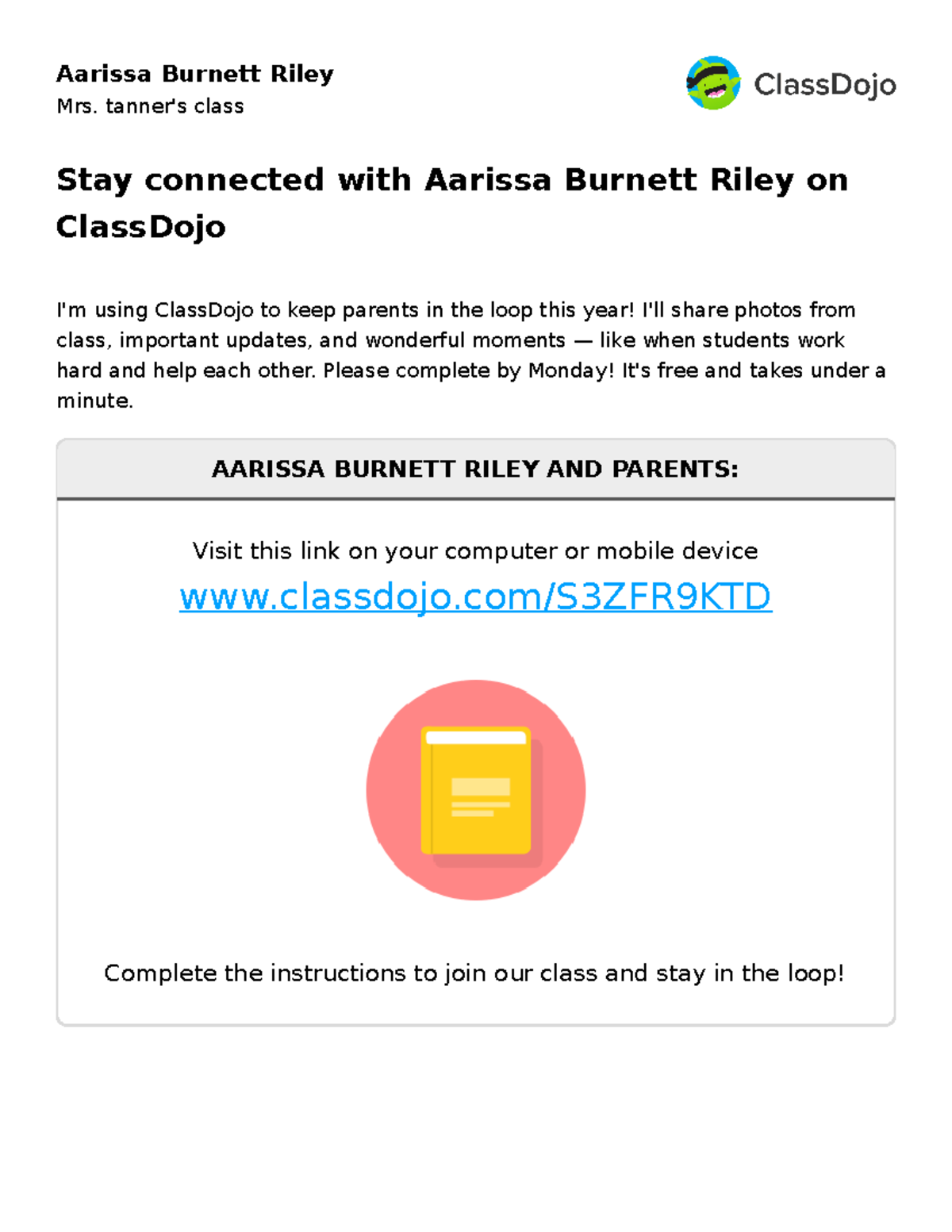 Class Dojo parent and student invites for 214 - Stay connected with ...