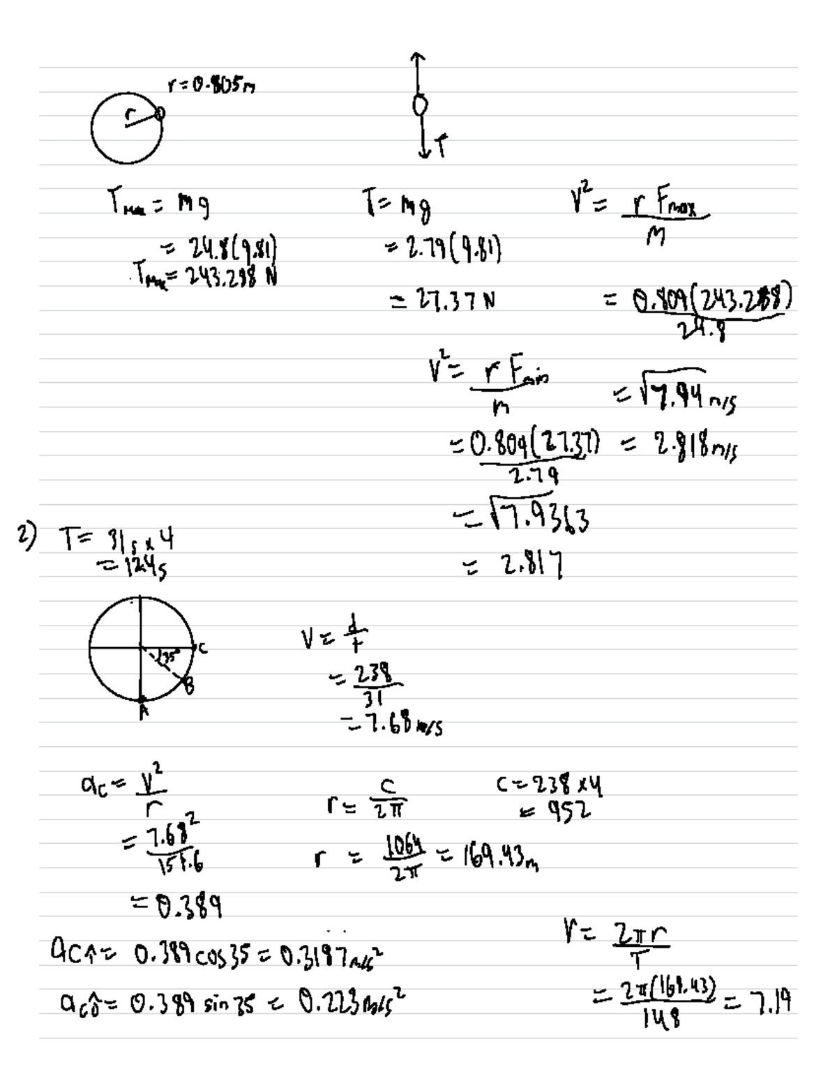 Uni Circular - Notes - v = 0. 805m ↑ O 8 ↓F Tmax= MP T = mg v = x = 24 ...