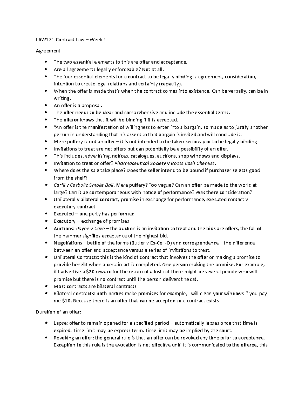 LAW171 Lecture 1 - LAW171 Contract Law – Week 1 Agreement The two ...