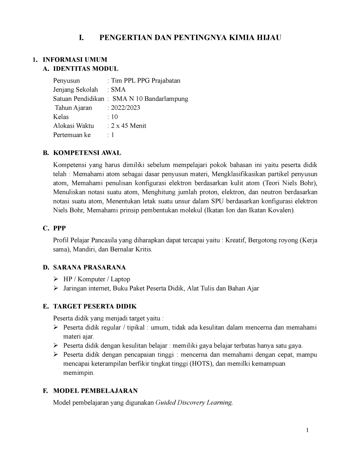 Modul Ajar Kimia Hijau - 1 I. PENGERTIAN DAN PENTINGNYA KIMIA HIJAU 1