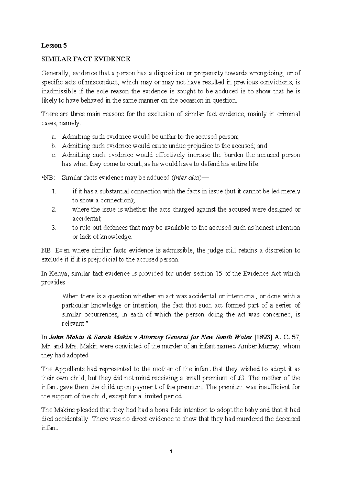 Similar FACT Evidence 27 09 2022 - Lesson 5 SIMILAR FACT EVIDENCE ...