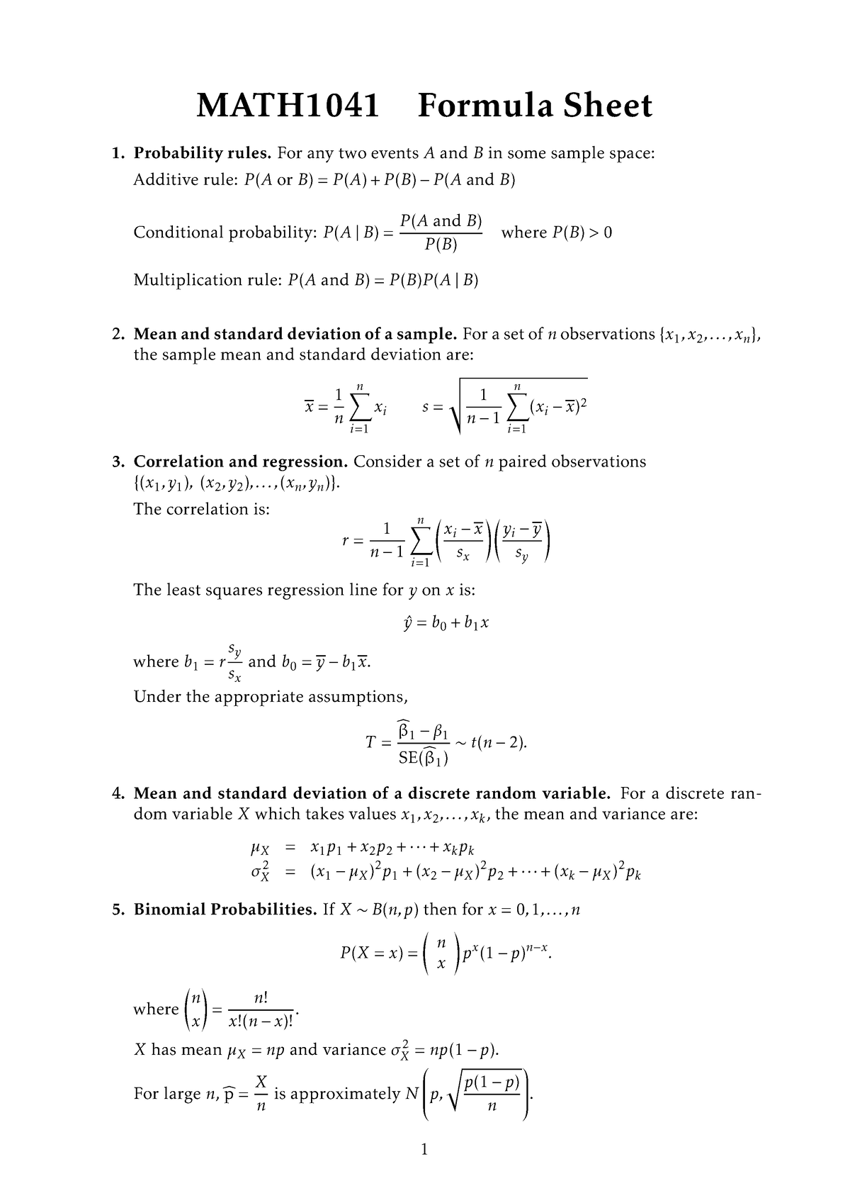 Math1041 Stats Formula Sheet-2022-T2 - MATH1041 Formula Sheet ...