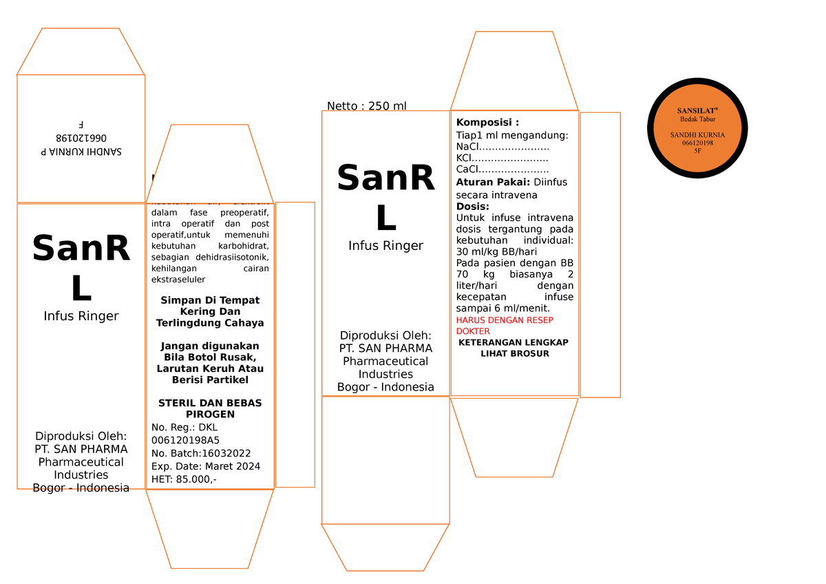 Kemasan Steril UTS Infuse - Netto : 250 ml SanR L Infus Ringer ...