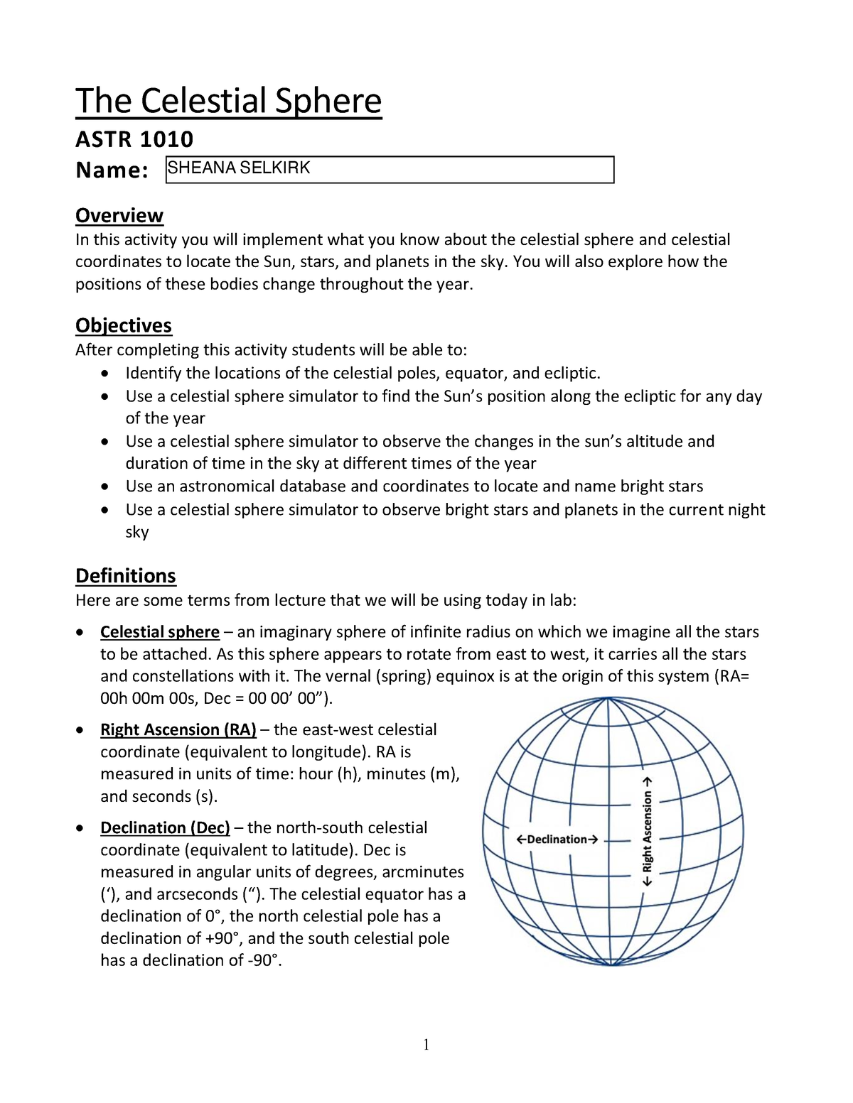 Astr 1010k Cel Sph Lab The Celestial Sphere Astr 1010 Name Overview In This Activity You Will 9067