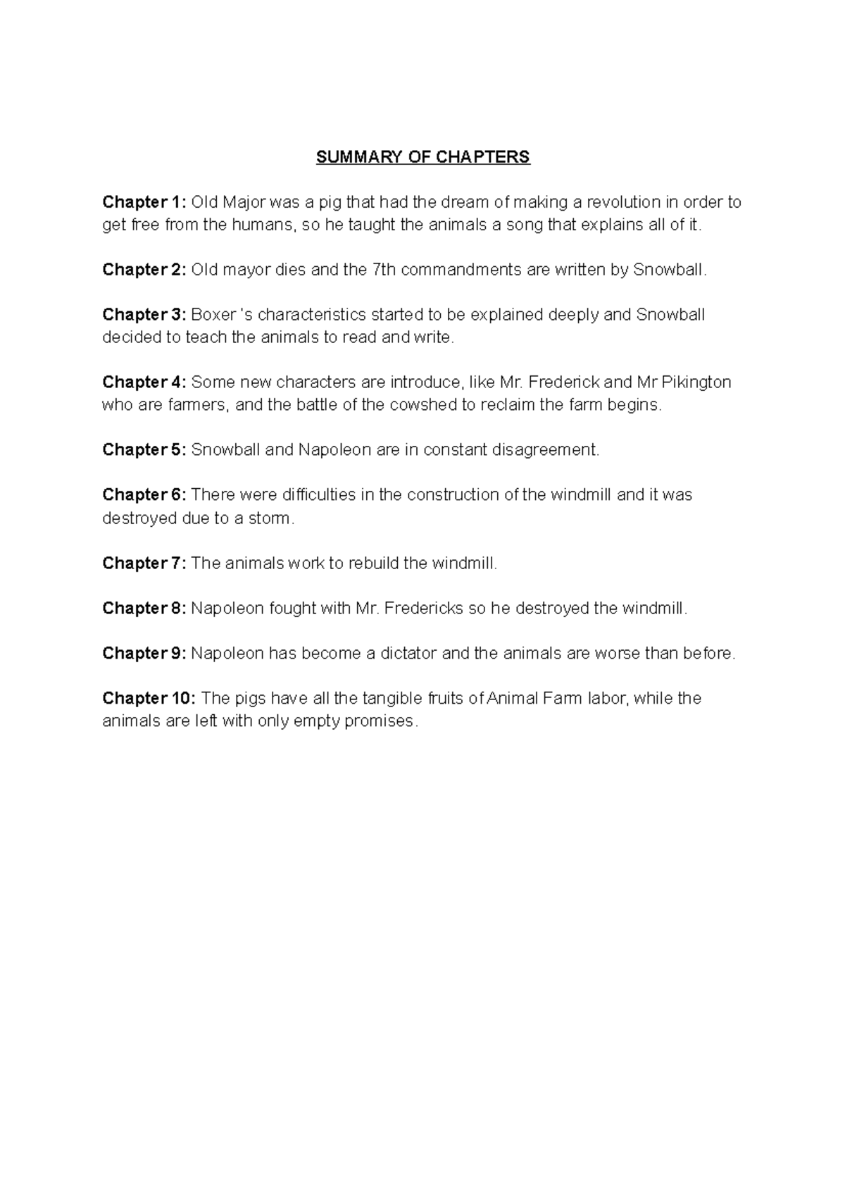 1. Teamwork Animal FARM Summaries A - SUMMARY OF CHAPTERS Chapter 1