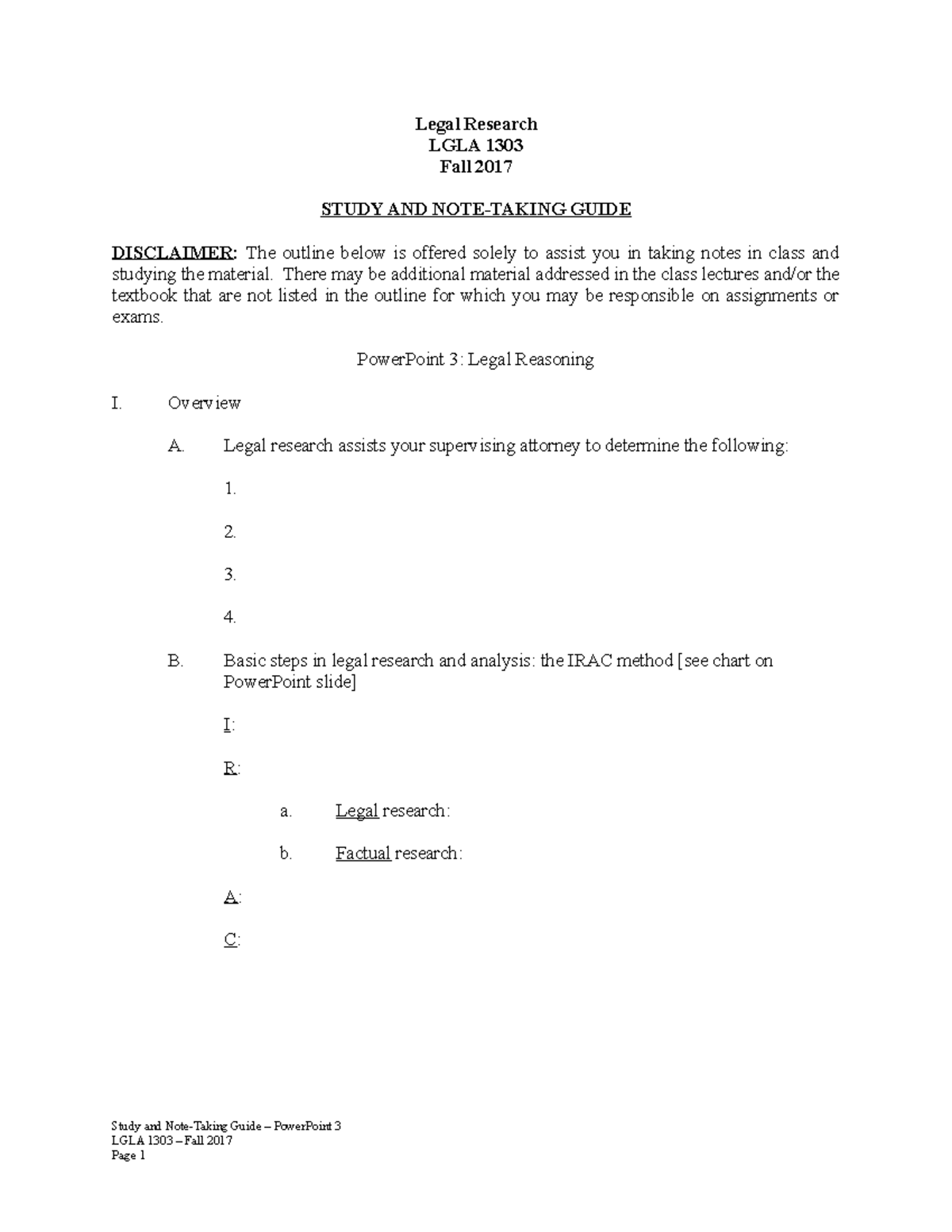 Power Point 3 Study And Note Taking Guide Legal Research LGLA 1303