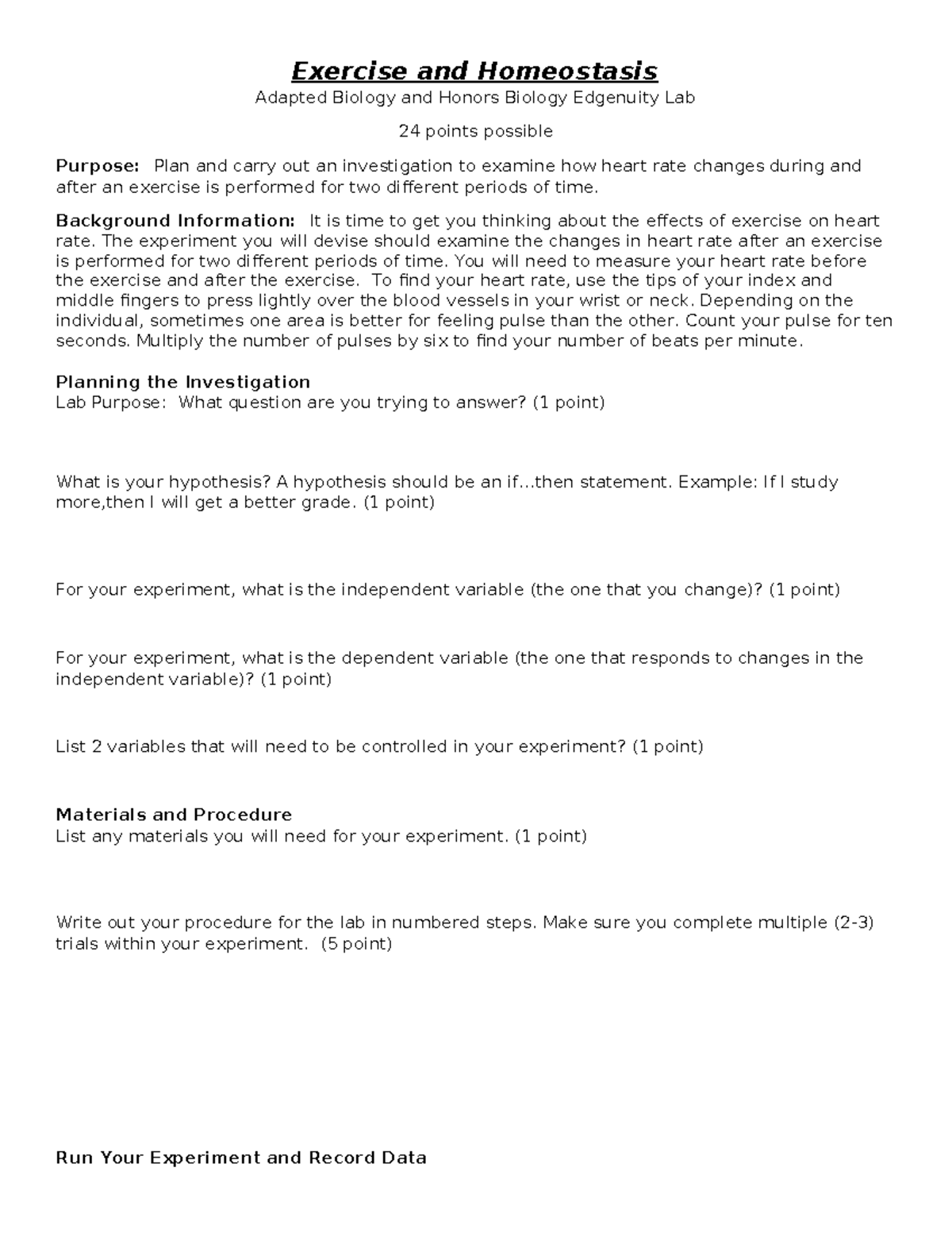 Exercise and Homeostasis Lab Template Exercise and Homeostasis Adapted Biology and Honors