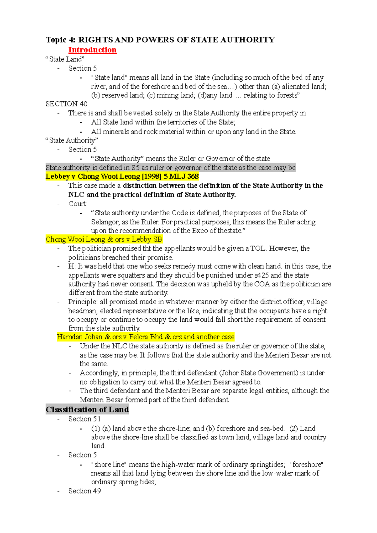 Land Law 1 Topic 4 Rights and Powers of State Authority Topic 4 RIGHTS AND POWERS OF STATE