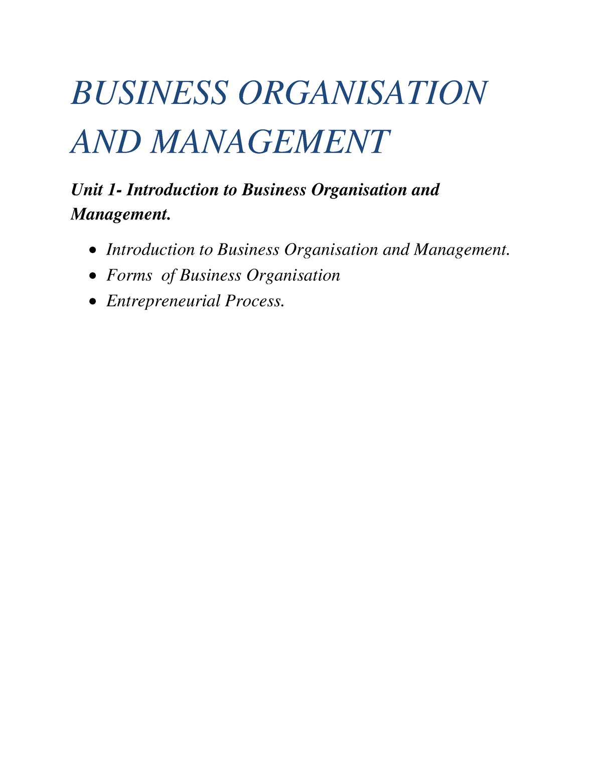 Bom unit 1 - IMPORTANT NOTES - BUSINESS ORGANISATION AND MANAGEMENT ...