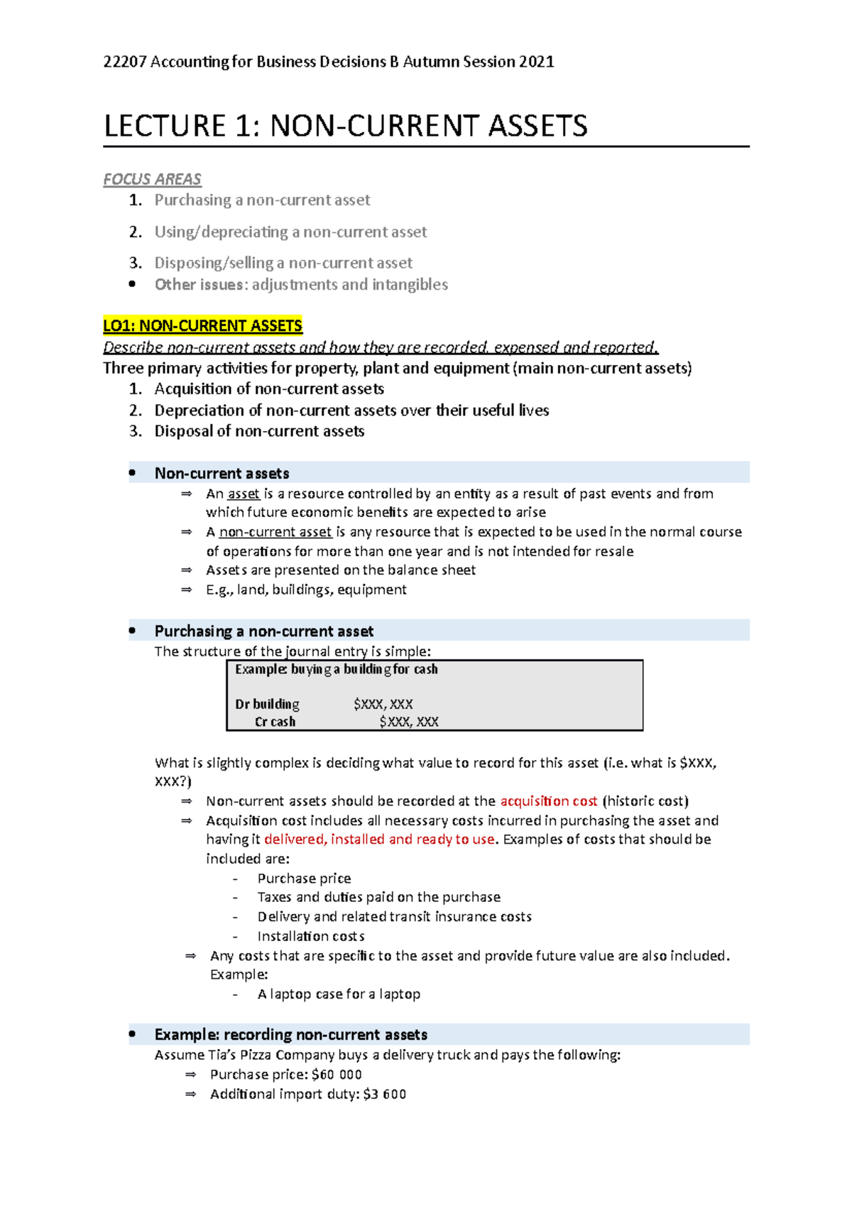 Lecture 1 notes and word - LECTURE 1: NON-CURRENT ASSETS FOCUS AREAS 1 ...