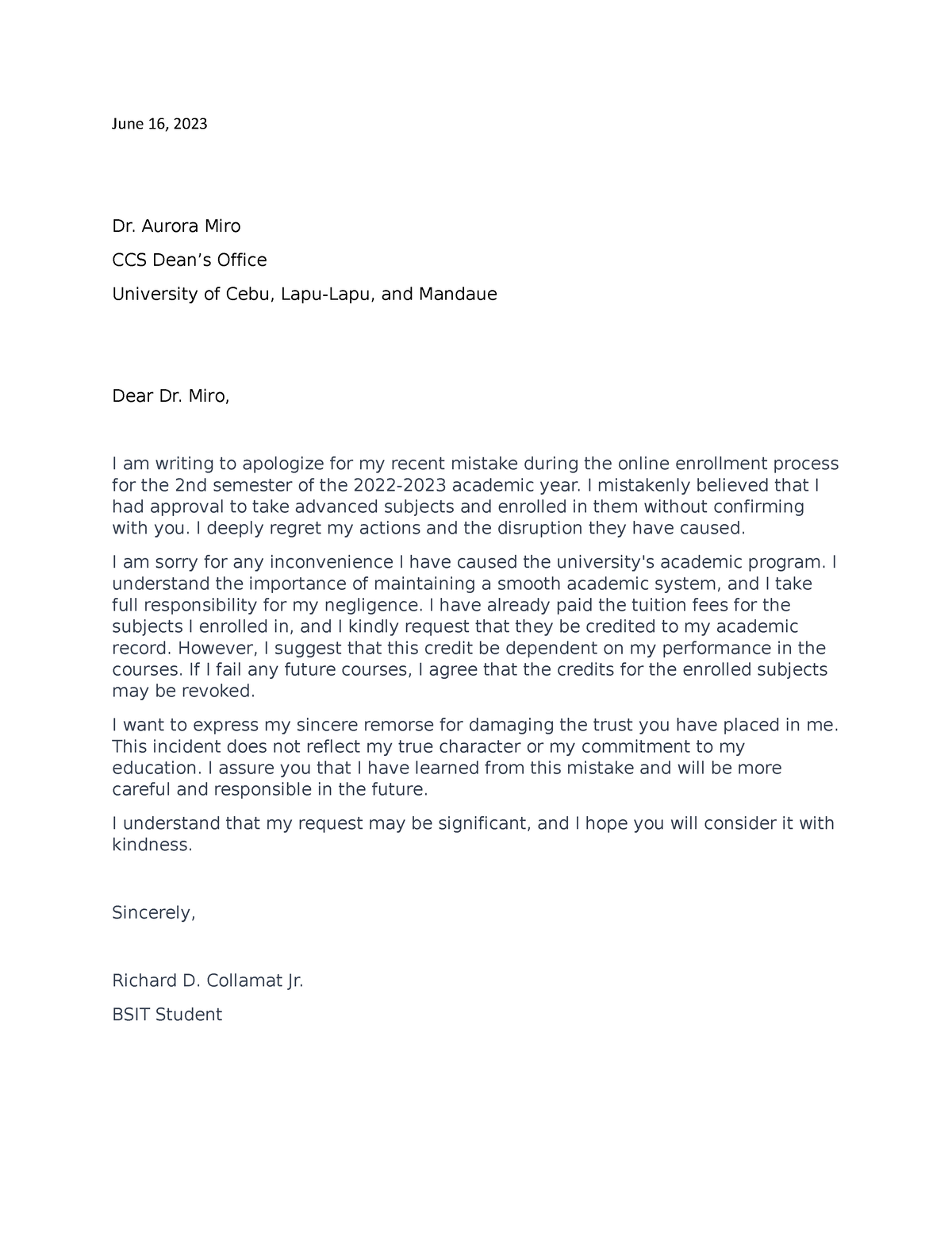 Letter - dawdawd - June 16, 2023 Dr. Aurora Miro CCS Dean’s Office ...