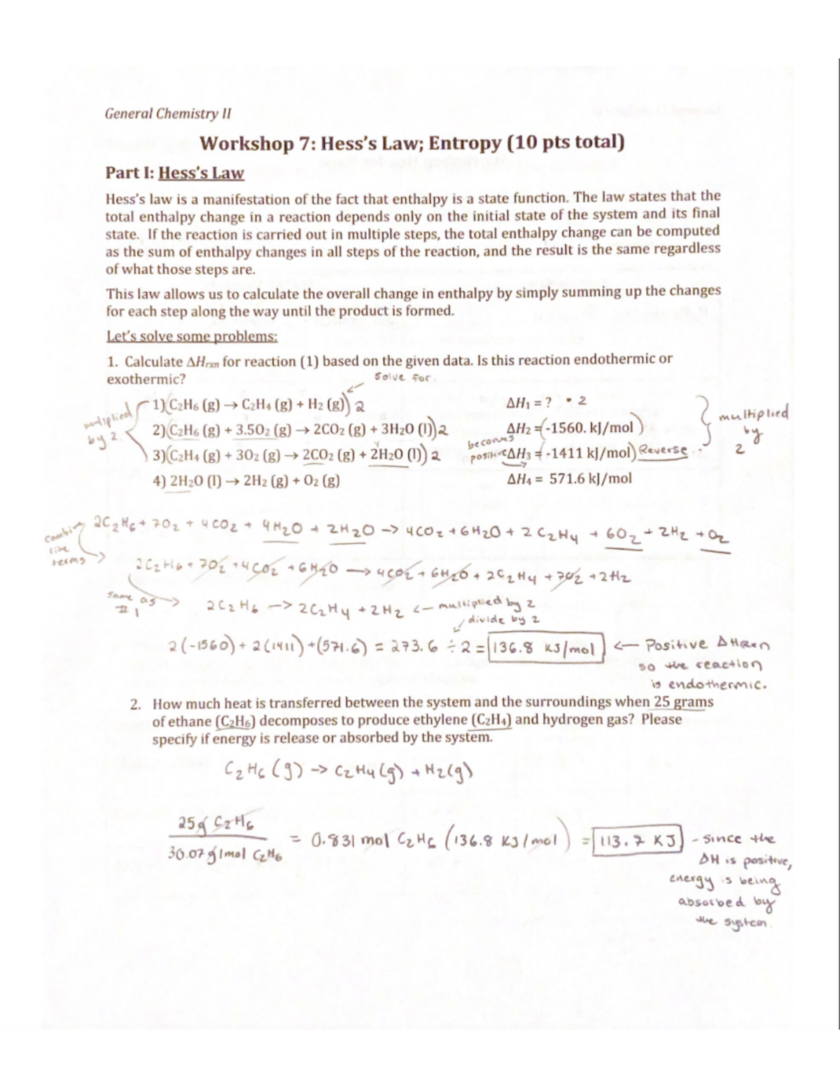 Workshop 7 part 1 - General Chemistry II Workshop 7: Entropy (10 pts ...