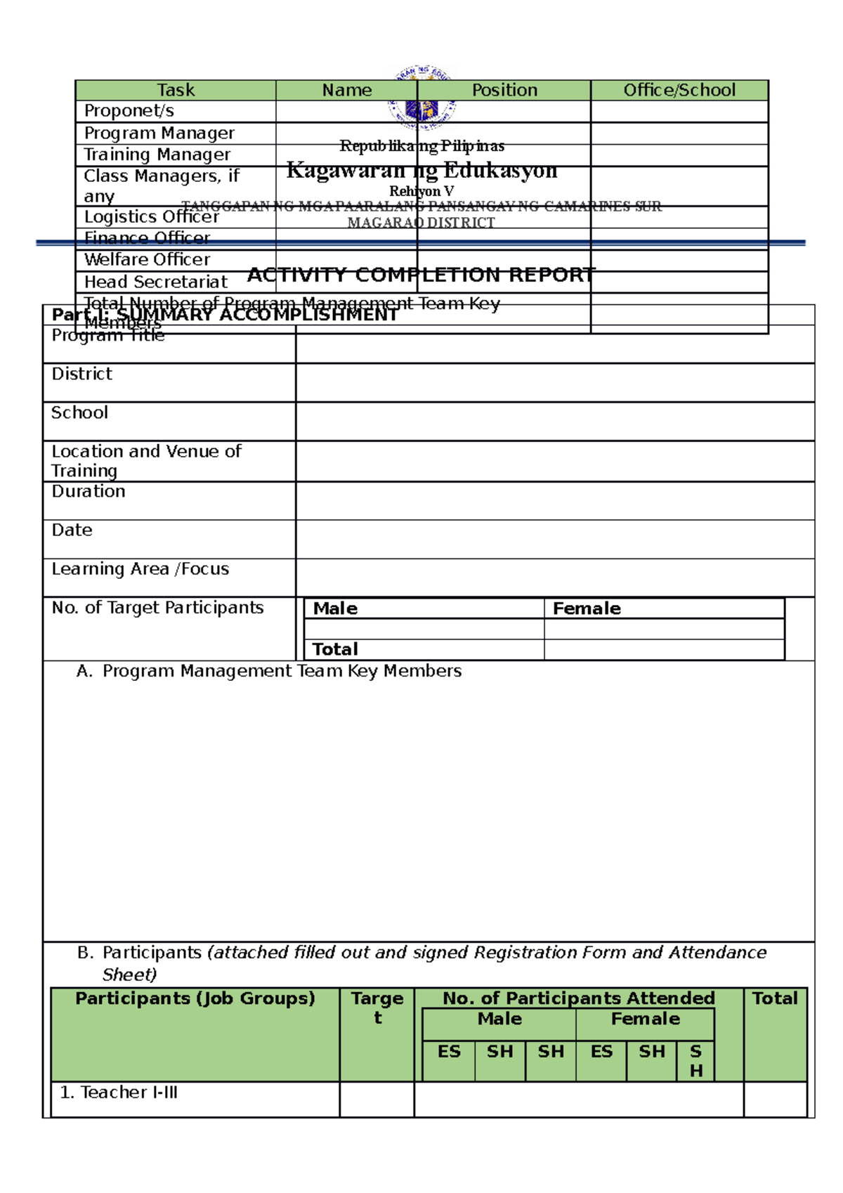 Activity Completion Report - Republika ng Pilipinas Kagawaran ng ...