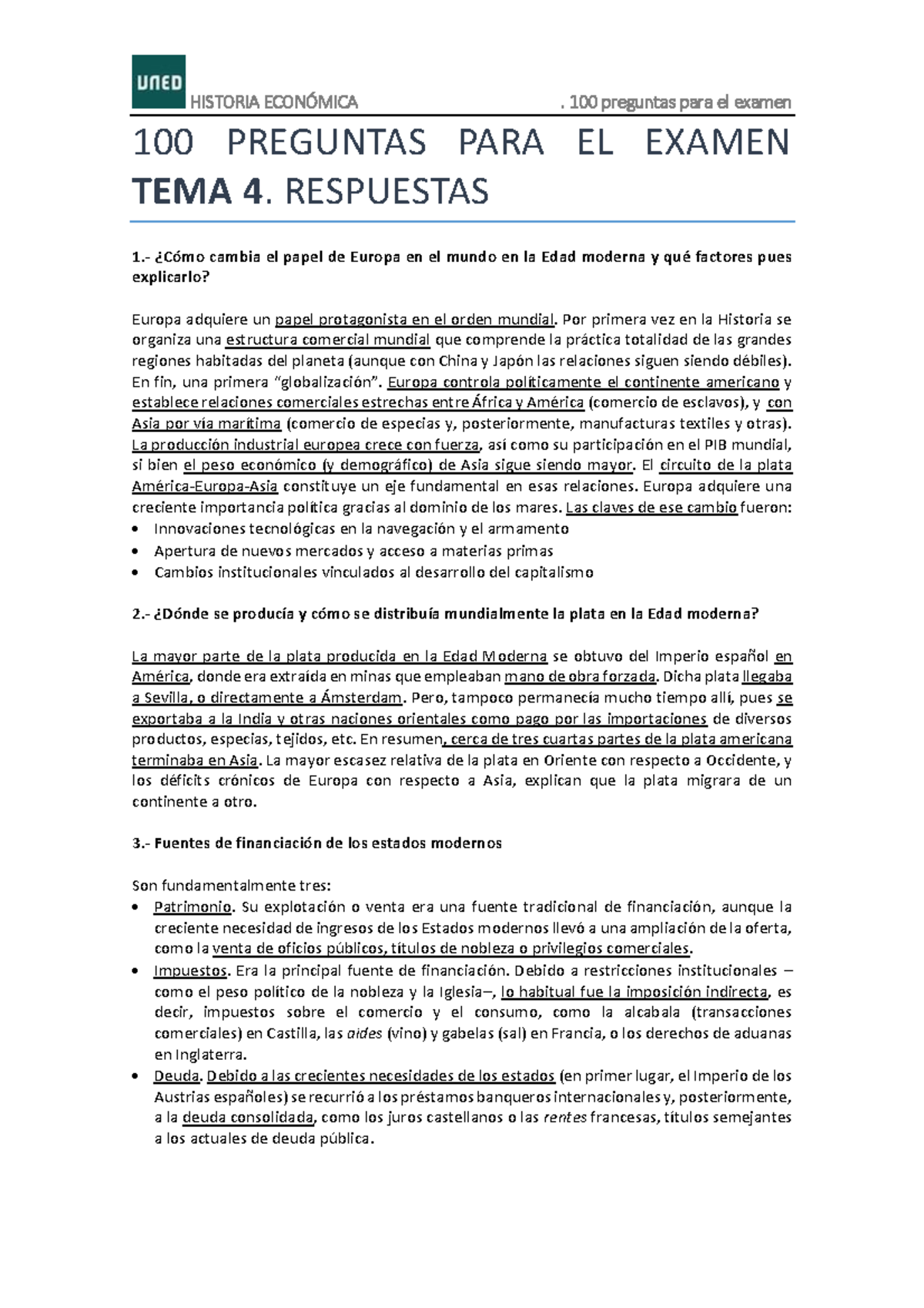 Tema 4100 Preguntas Respuestas HISTORIA . 100 preguntas para el examen 100 PREGUNTAS PARA EL