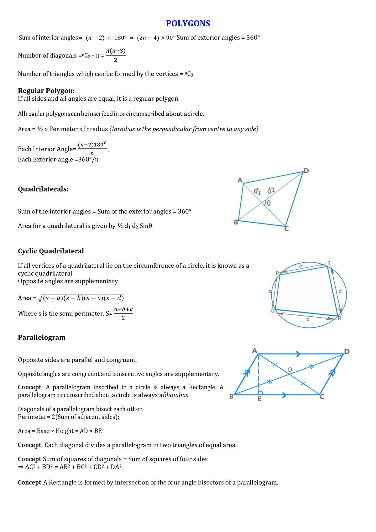 Polygon - POLYGONS Sum of interior angles Sum of exterior angles = 360 ...