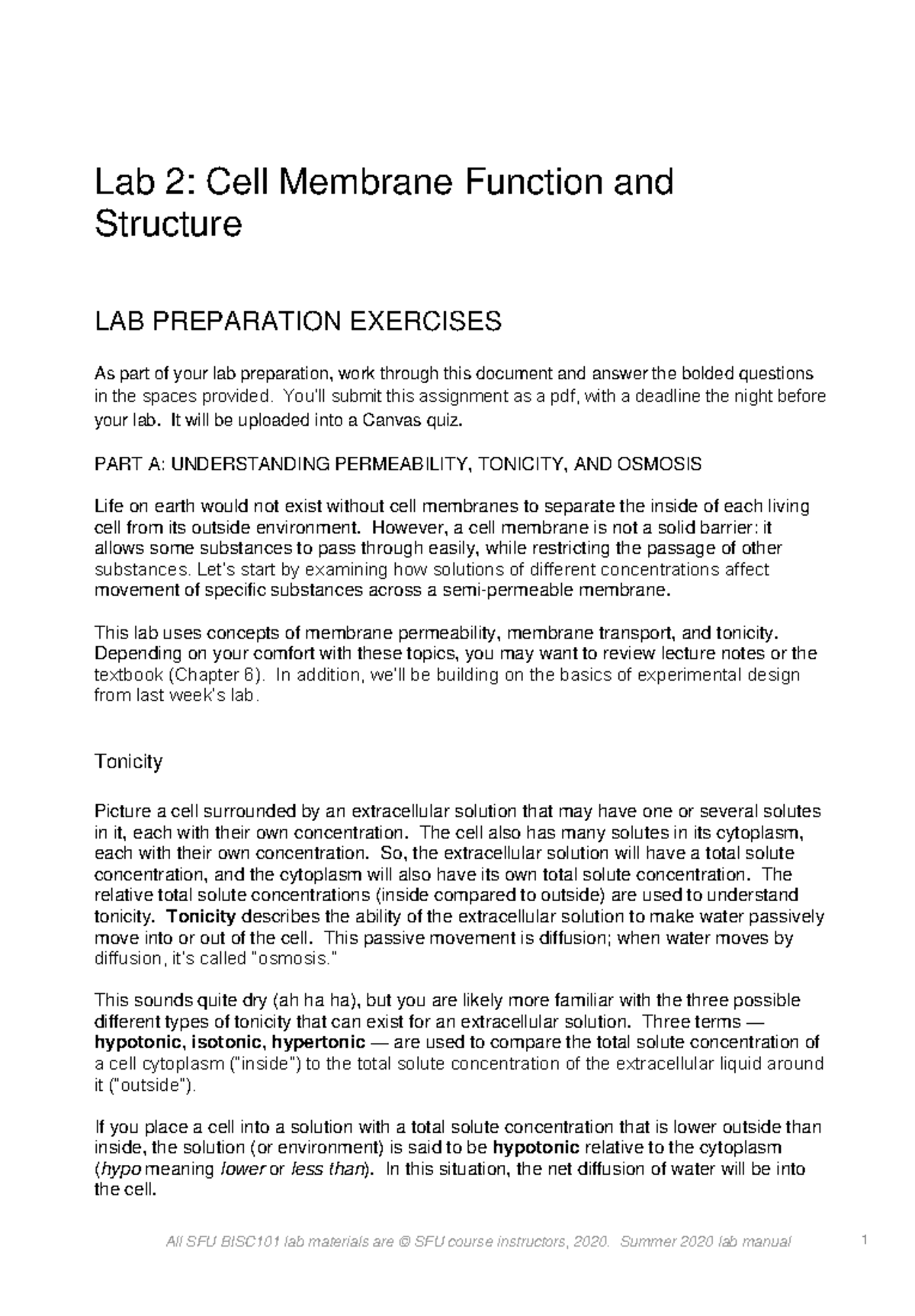 Lab Prep Cell Membrane Structure and Function - Lab 2: Cell Membrane ...