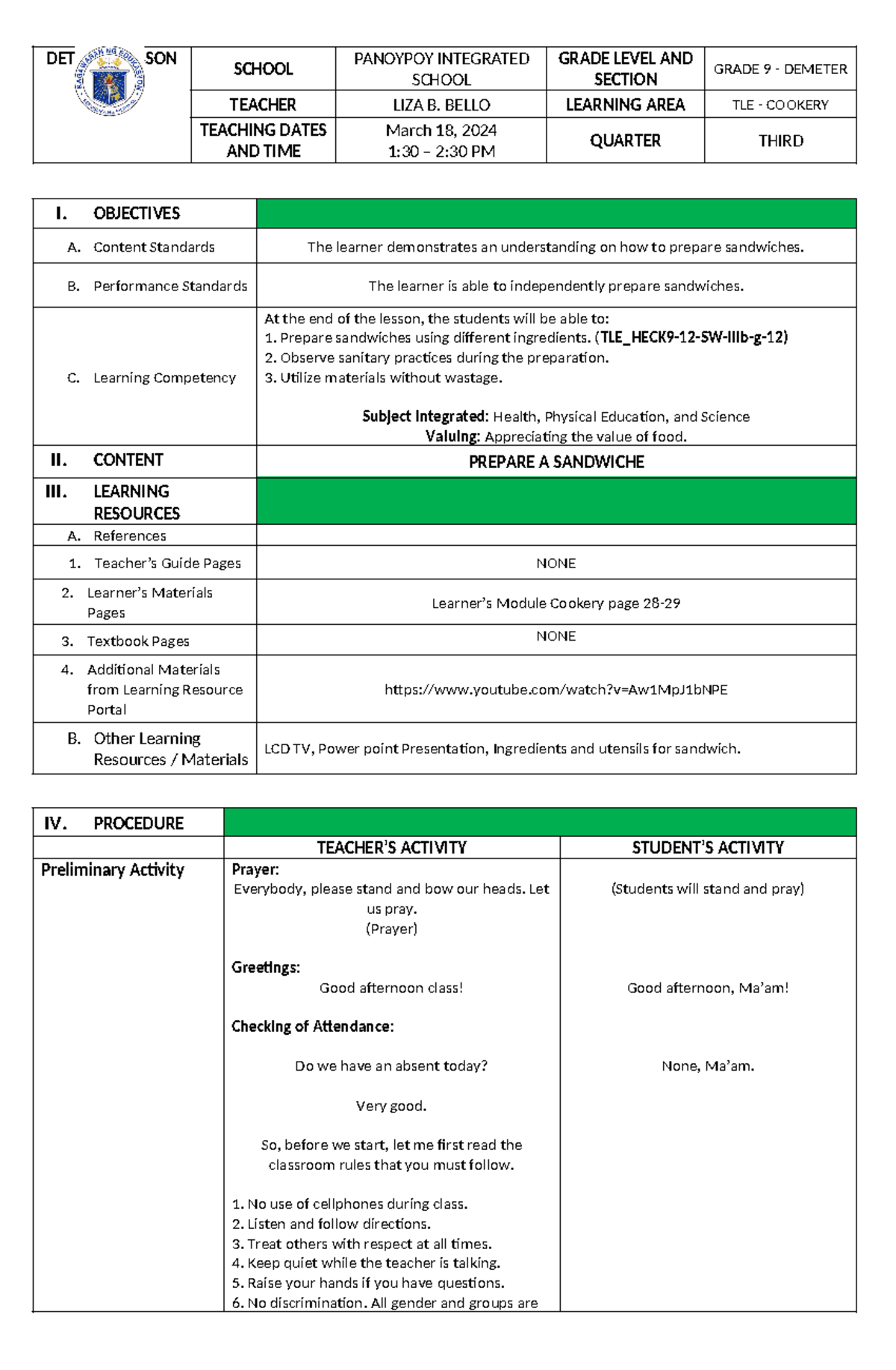 COT 3RD Grading - Preparing Sandwiches - DETAILED LESSON PLAN SCHOOL ...