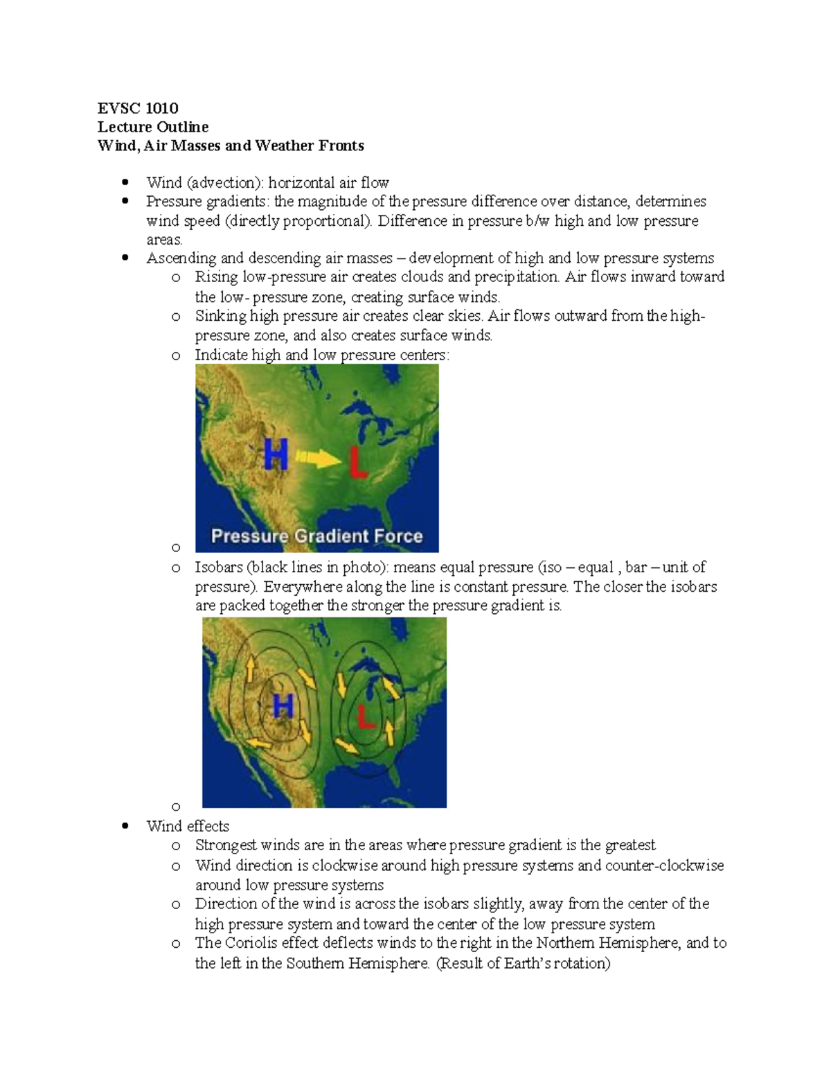 Air Masses Fronts and Weather - EVSC 1010 Lecture Outline Wind, Air ...