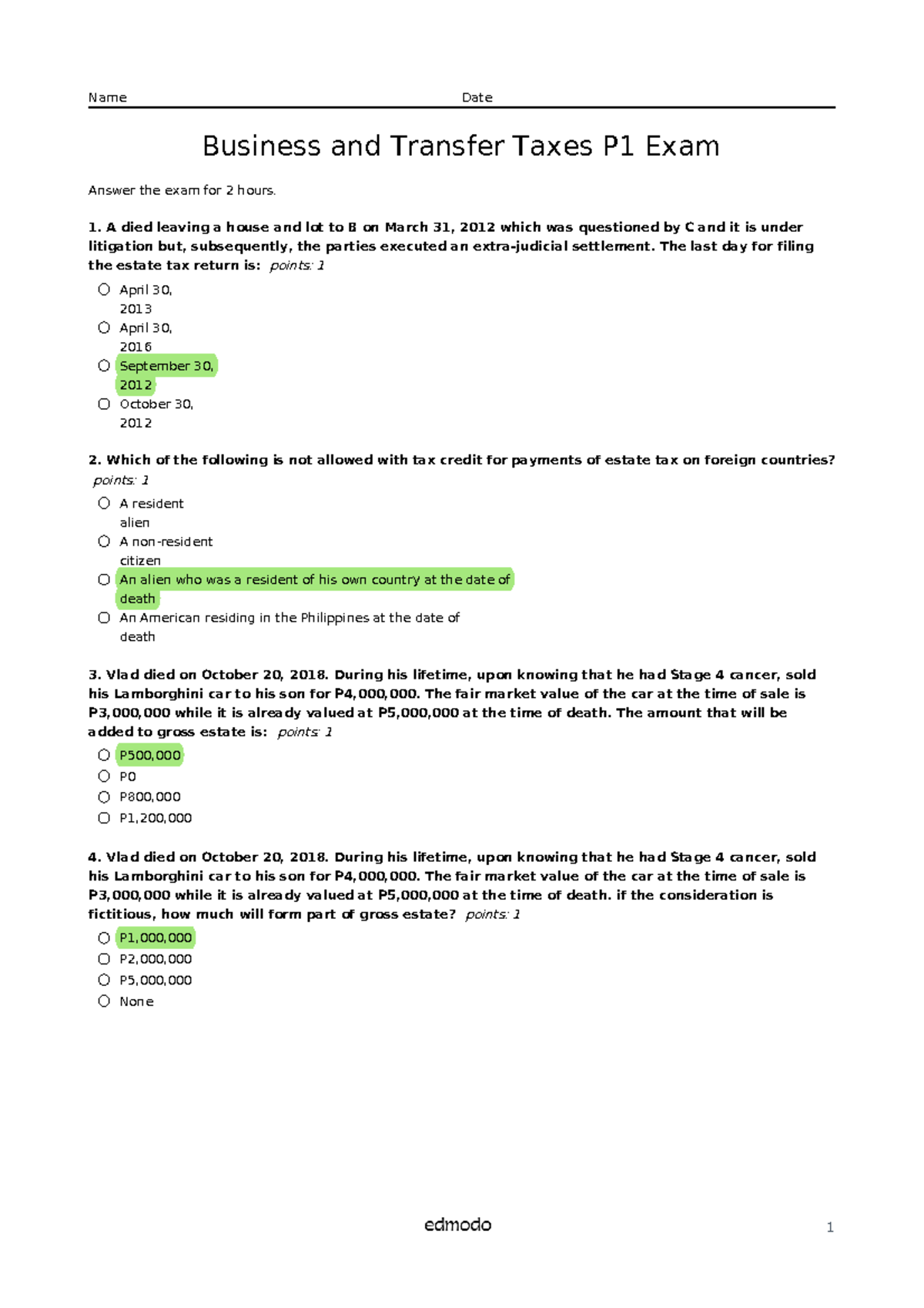 Business And Transfer Taxes P1 Exam Key Answers - Name Date Business ...