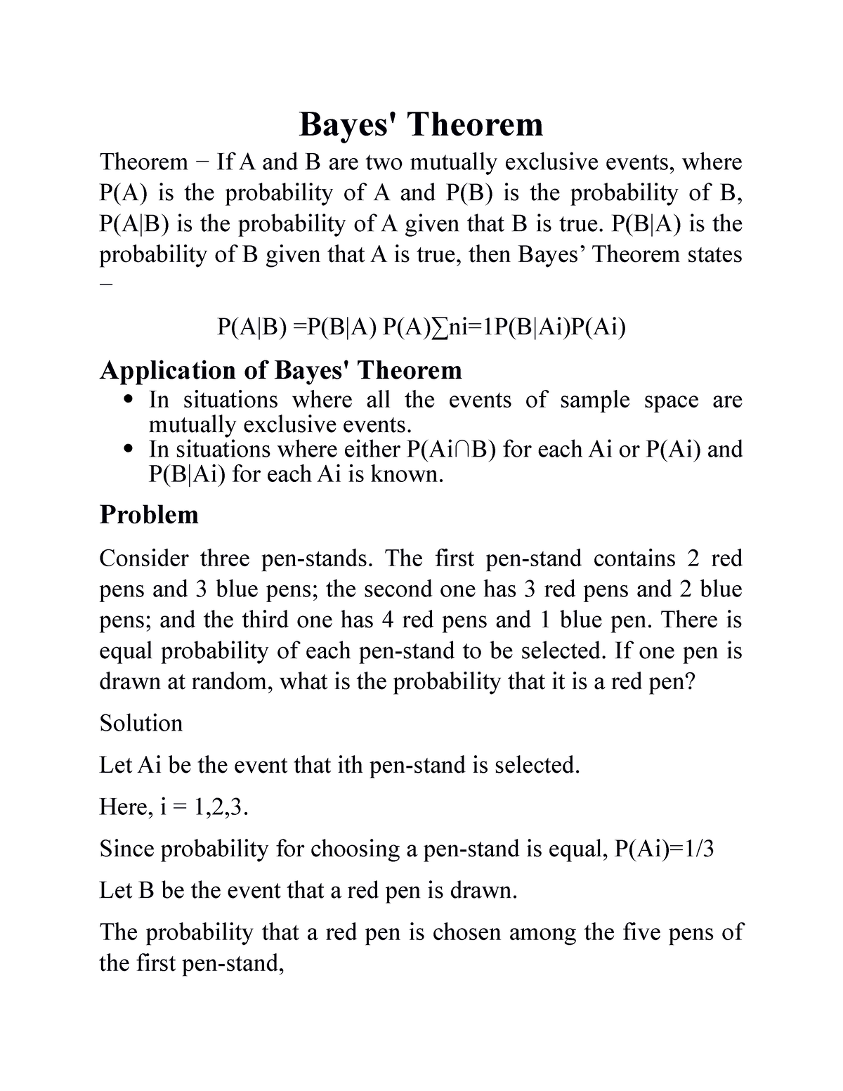 Baye's Theorem And Recurrence Relation - Bayes' Theorem Theorem − If A ...