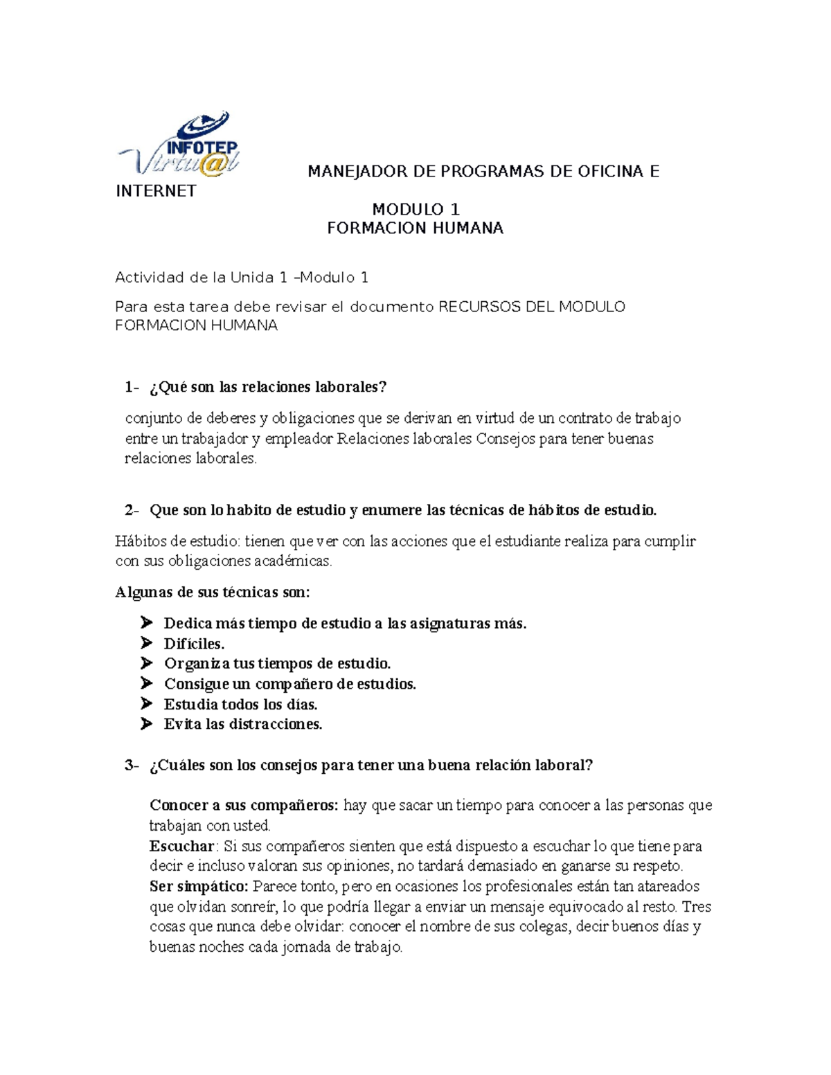 Actividad 1 Módulo 1 Formación Humana Infotep - Gestion Humana - UAPA ...