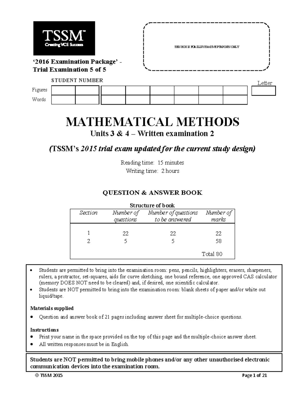 [VCE Methods] 2015-16 TSSM Unit 34 Exam 2 - ‘201 6 Examination Package ...