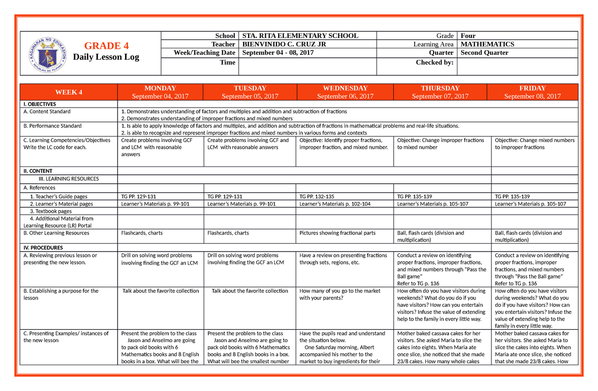 Grade 4 DLL Quarter 2 Week 4 Sir Bien Cruz - GRADE 4 Daily Lesson Log ...