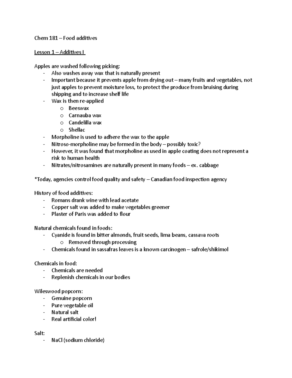 Chem 181 - Additives lecture notes fall 2021 - Chem 181 – Food ...