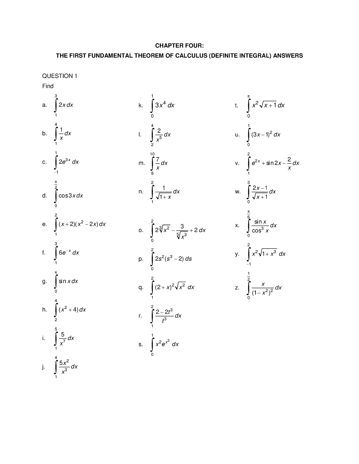 fundamental theorem of calculus and definite integrals homework answers