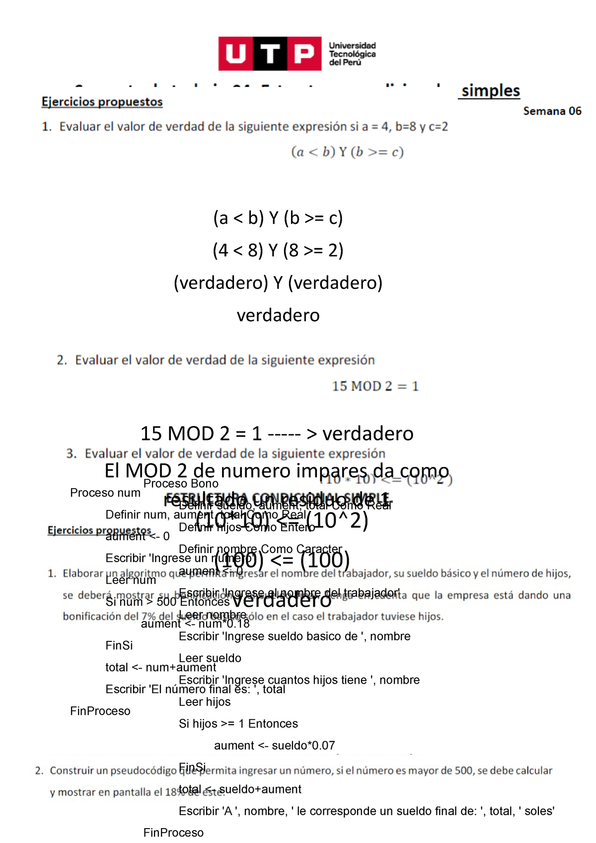 Doc1 - Tarea - (a = C) (4 = 2) (verdadero) Y (verdadero) Verdadero ...