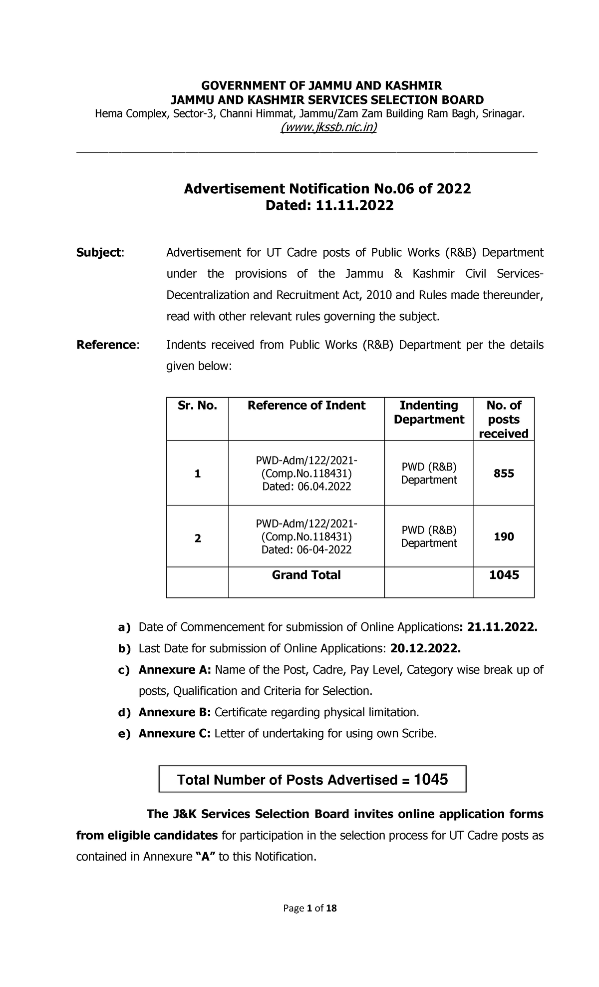 JE Posts Adv Notification No 06 of 2022 11112022 - GOVERNMENT OF JAMMU ...