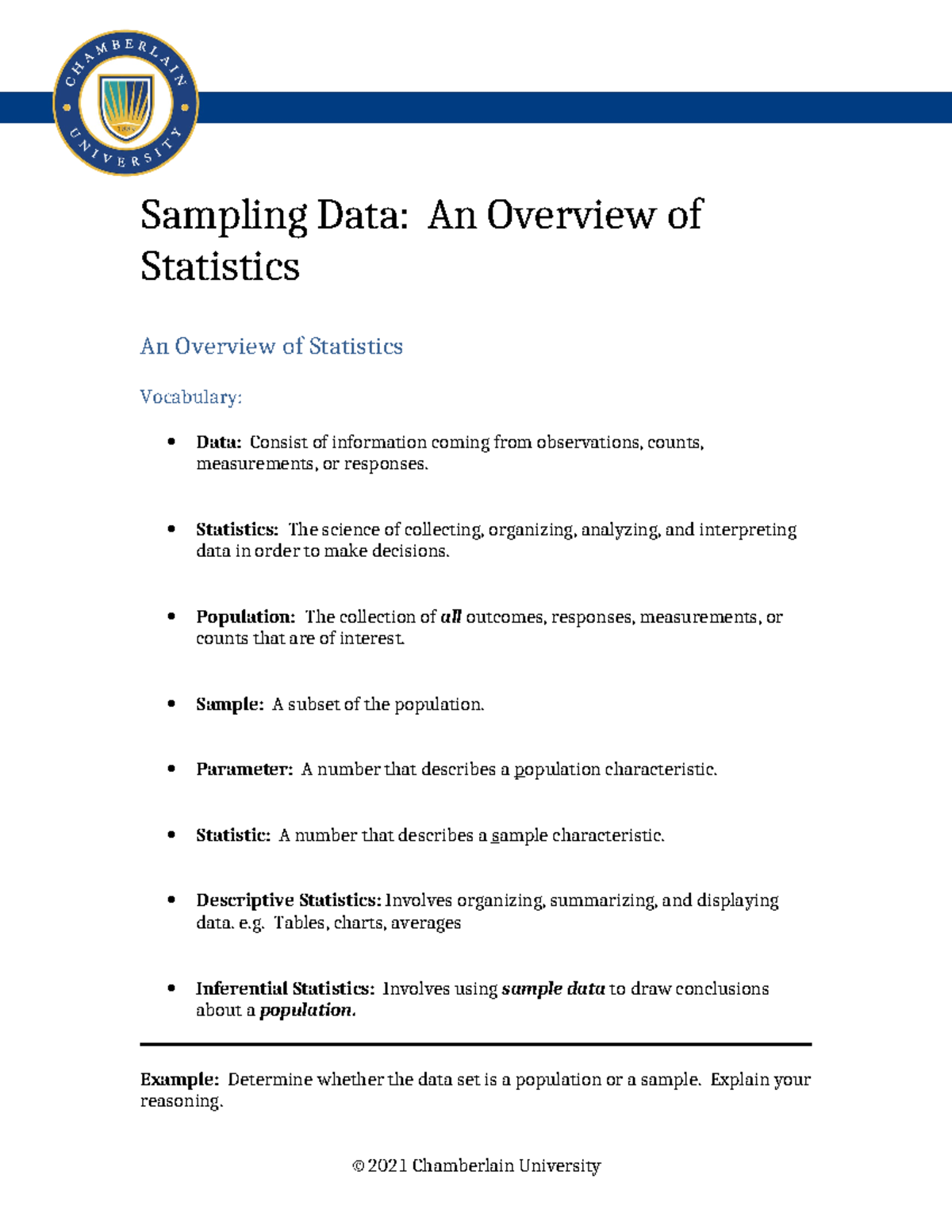 MATH Video Notes An Overview of Statistics - Sampling Data: An Overview ...