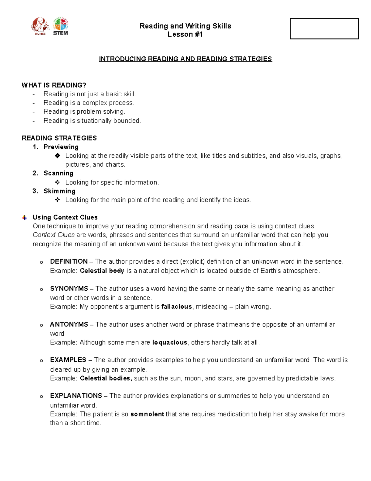 RWS H1 - Reading and Writing Skills Lesson INTRODUCING READING AND ...