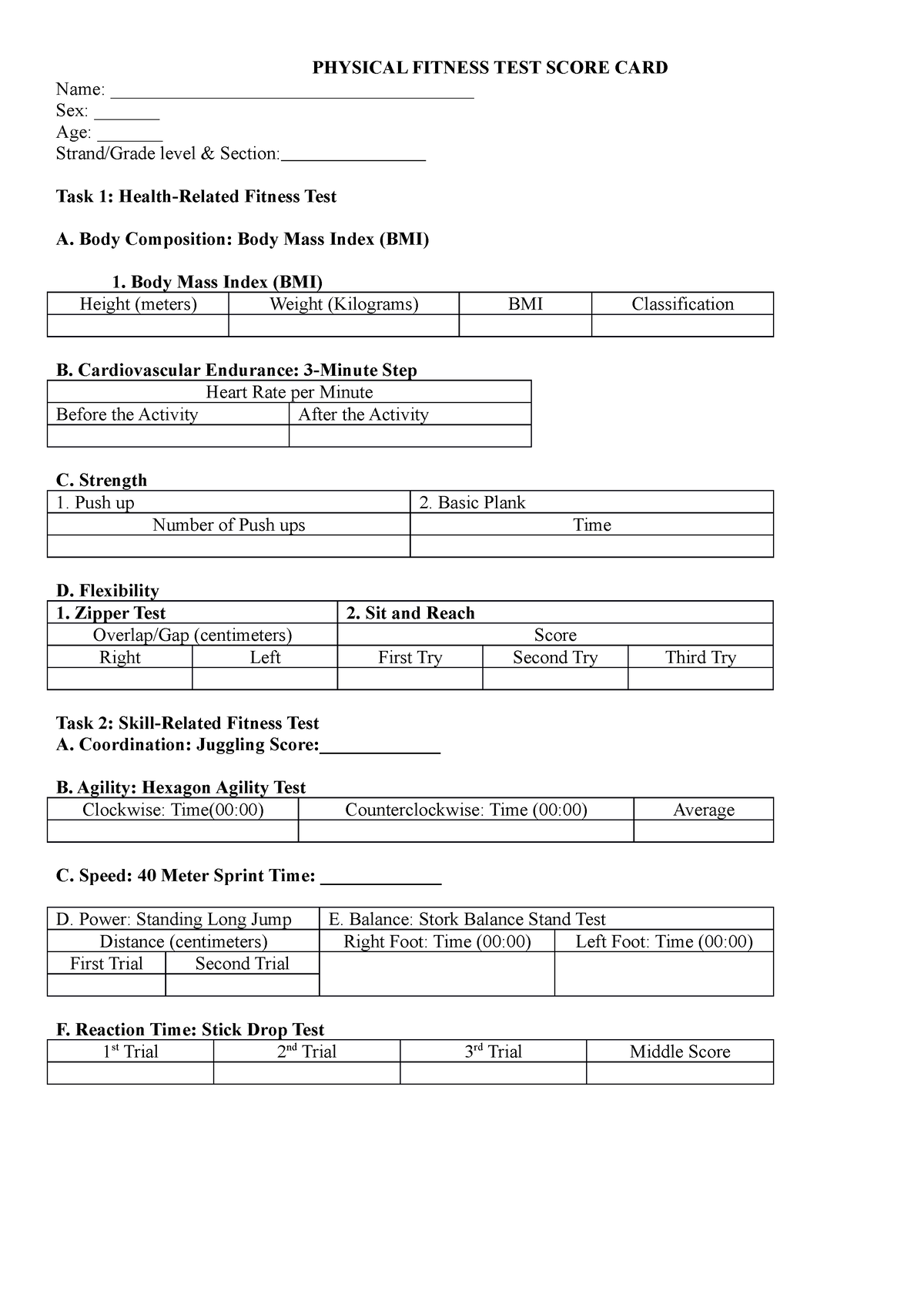 Physical Fitness TEST Score CARD 1 - PHYSICAL FITNESS TEST SCORE CARD ...