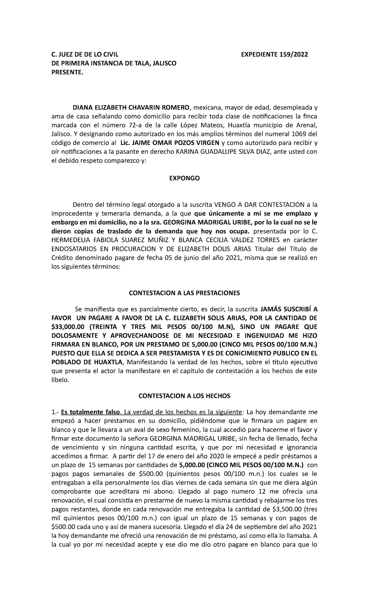 Contestacion Diana - C. JUEZ DE DE LO CIVIL EXPEDIENTE 159/ DE PRIMERA ...