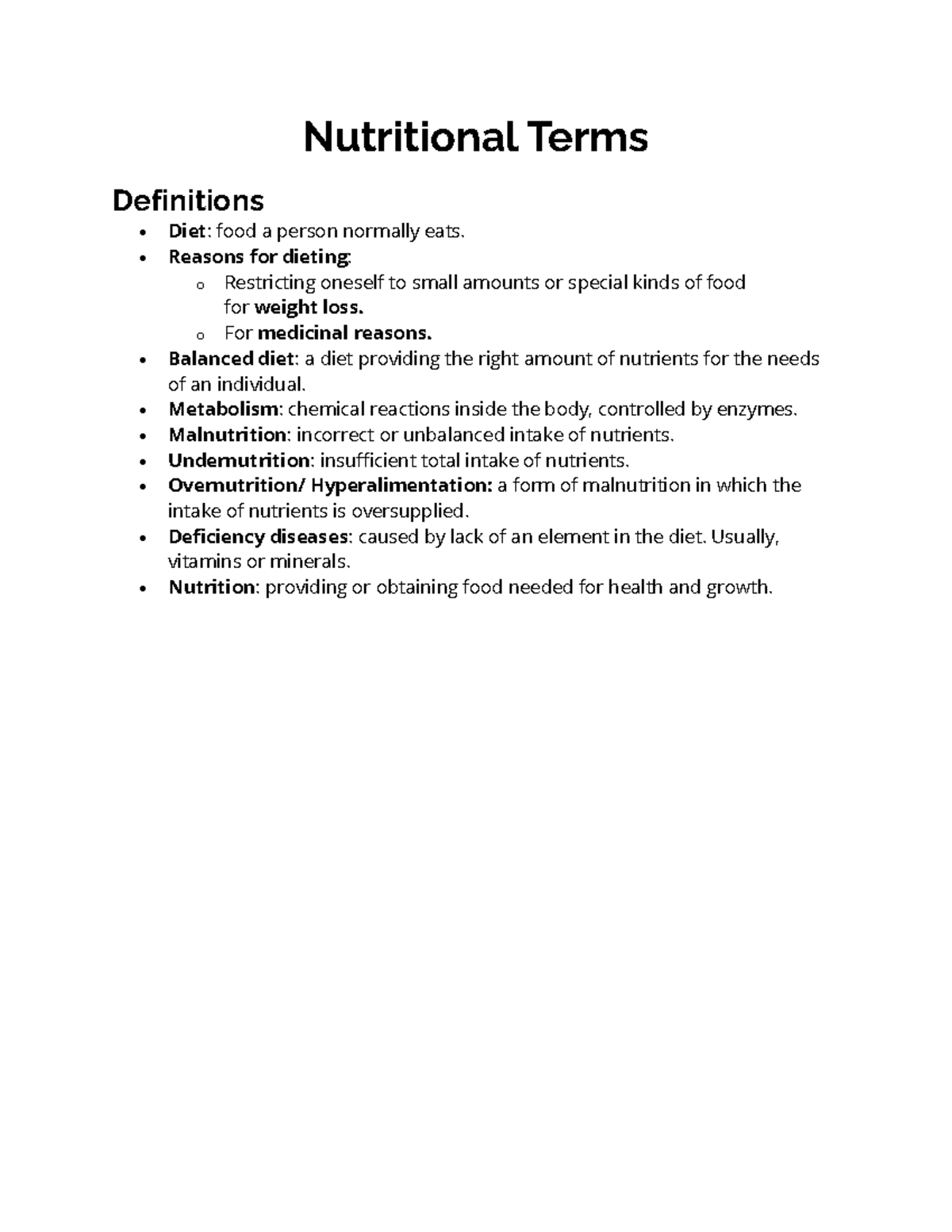 Nutritional Terms Nutritional Terms Definitions Diet Food A Person Normally Eats Reasons