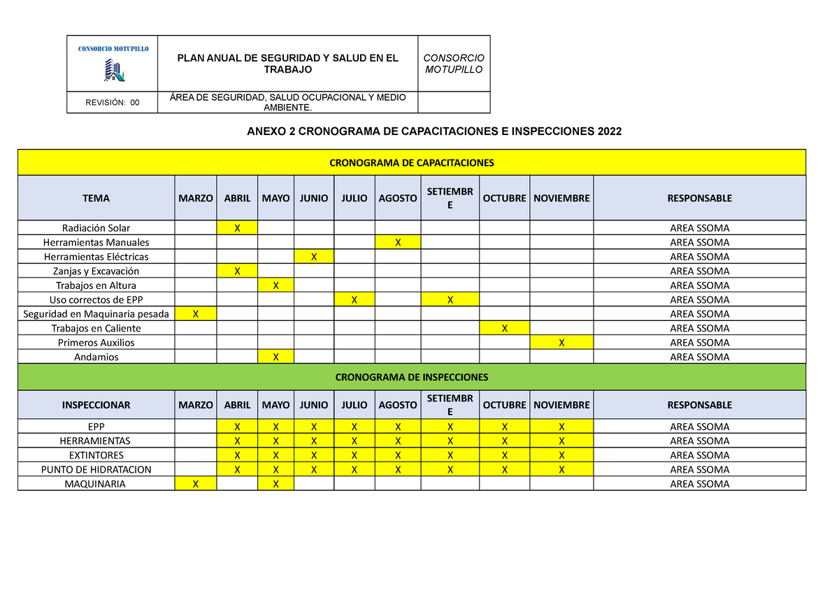 Cronograma De Capacitaciones E Inspecciones Plan Anual De Seguridad Y