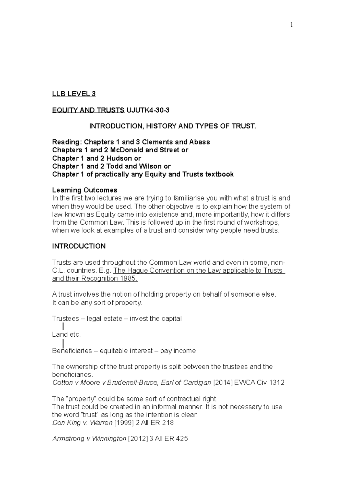 Note 1 - Lecture notes 1 - 1 LLB LEVEL 3 EQUITY AND TRUSTS UJUTK4-30-3 ...