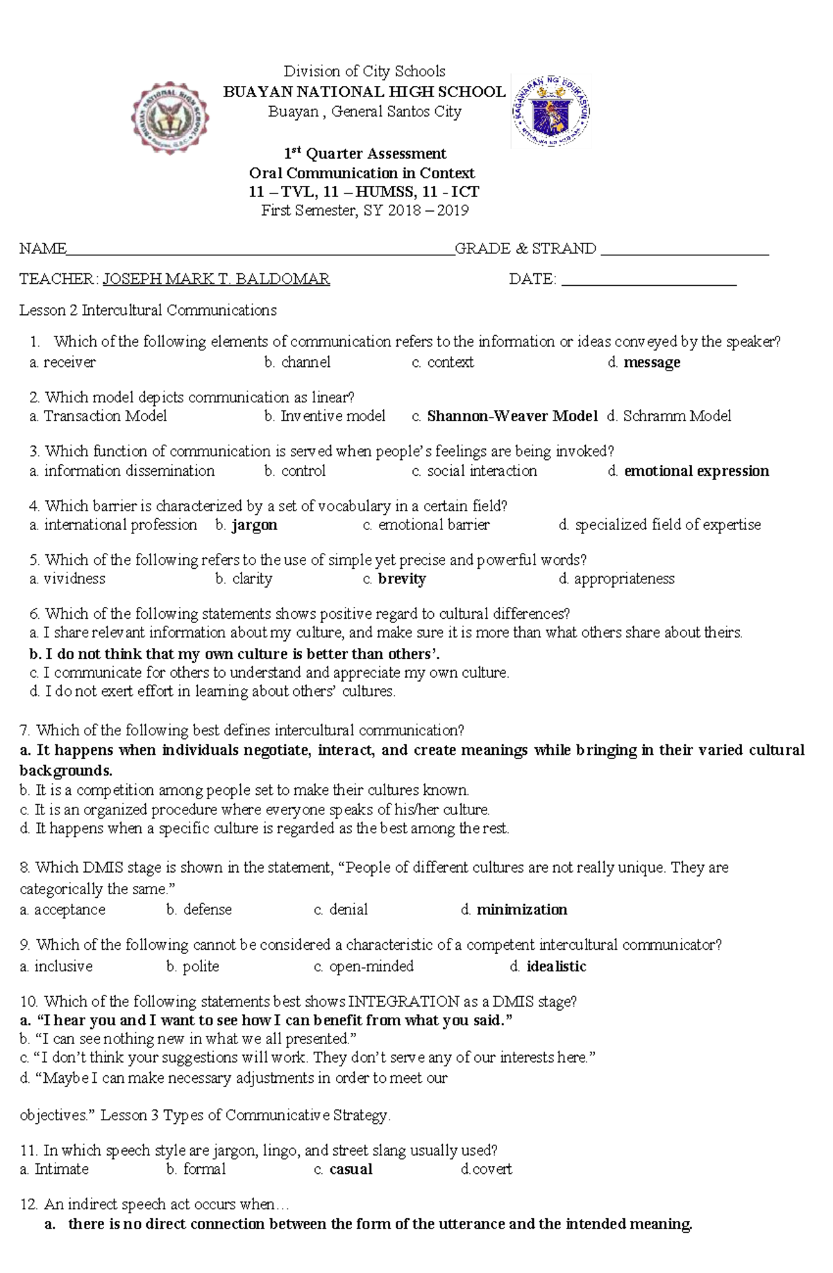 1st Periodical Exam Oral Communication In Context With Answer Key Division Of City Schools 